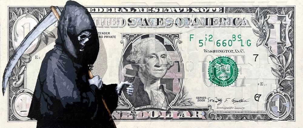 Penny, ‘Ghost Writer - DEATH OF THE DOLLAR’, 2022, Print, 18 layer hand-cut stencil; Spray paint on genuine one Dollar bill with UV ink phrase hand stencilled; Aqua silver foil blocked holographic embellishments, Self-released, Dated, Handfinished