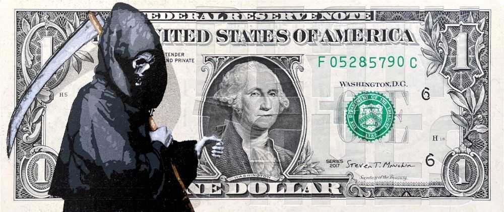 Penny, ‘Ghost Writer - DEATH + TAXES’, 2022, Print, 18 layer hand-cut stencil; Spray paint on genuine one Dollar bill with UV ink phrase hand stencilled, Self-released, Dated, Handfinished