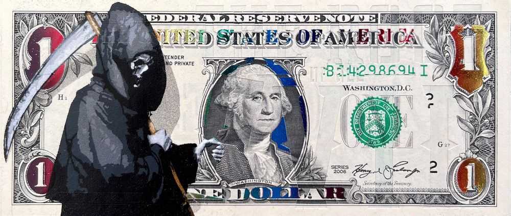 Penny, ‘Ghost Writer - THE ROOT Of All EVIL’, 2022, Print, 18 layer hand-cut stencil; Spray paint on genuine one Dollar bill with UV ink phrase hand stencilled; Rainbow foil blocked holographic embellishments, Self-released, Dated, Handfinished