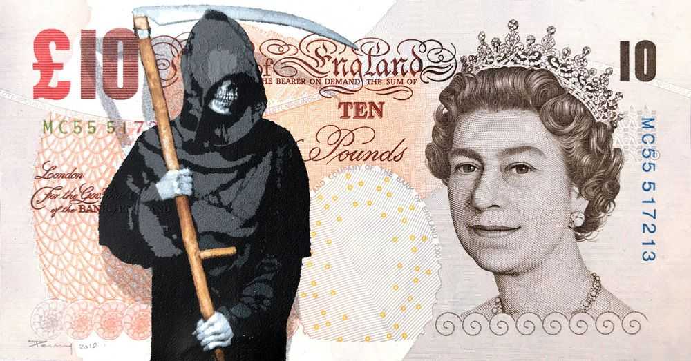Penny, ‘Grim’, 02-12-2017, Print, 17 layer hand cut stencil; Spray paint on ten Pound note, Self-released, Dated, Handfinished