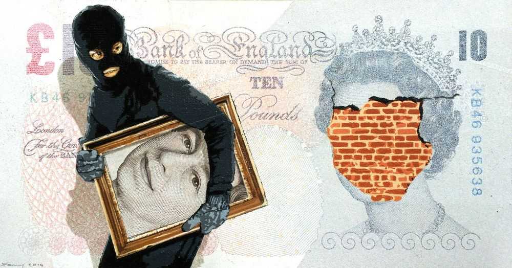 Penny, ‘Heist (£10)’, 12-06-2014, Print, 19 layer hand cut stencil; Spray paint on £10 Banknote, Self-released, Dated, Handfinished