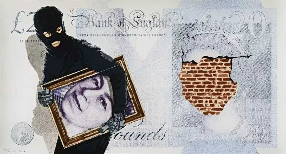 Penny, ‘Heist (£20)’, 12-06-2014, Print, 19 layer hand cut stencil; Spray paint on £20 Banknote, Self-released, Dated, Handfinished