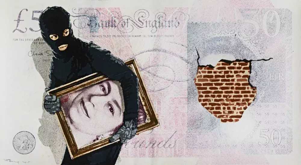 Penny, ‘Heist (£50)’, 12-06-2014, Print, 19 layer hand cut stencil; Spray paint on £50 Banknote, Self-released, Dated, Handfinished
