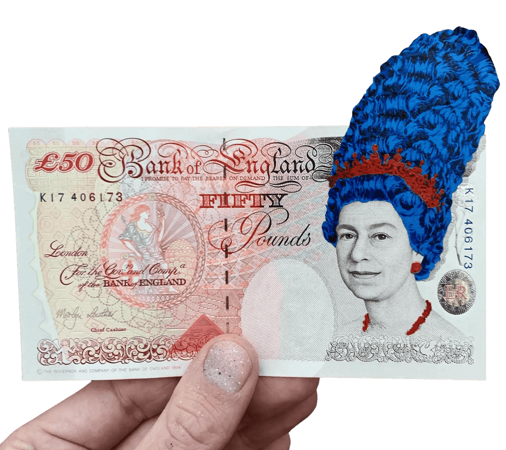 Penny, ‘Her Margesty - Fifty’, 2020, Print, 11 layer hand cut stencil Spray paint on vintage fifty Pound banknote Circa 1990, Self-released, Dated, Handfinished