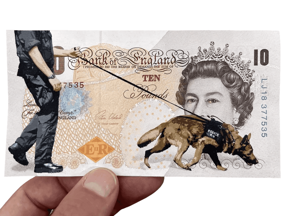 Penny, ‘High Society’, 2022, Print, 24 layer hand cut stencil Spray paint on genuine 10 Pound banknote, Self-released, Dated, Handfinished
