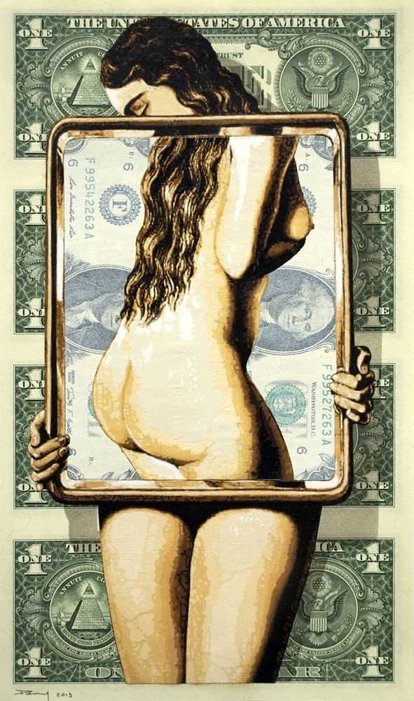 Penny, ‘Invasive Liasons’, 28-09-2013, Print, 22 handcut stencils; Spray paint on an uncut sheet of 4 genuine $1 bills + two uncut dollars for the mirror, Self-released, Dated, Handfinished