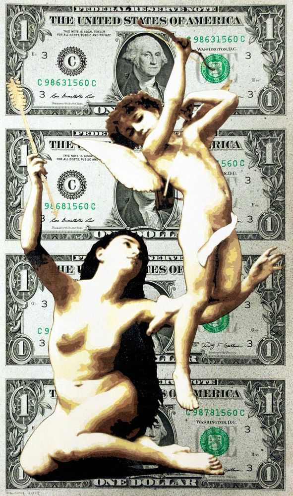 Penny, ‘It's The Economy, Cupid’, 01-11-2012, Print, 9 layer hand cut stencil; Spray paint on uncut sheet of 4 $1 bills, Self-released, Dated, Handfinished