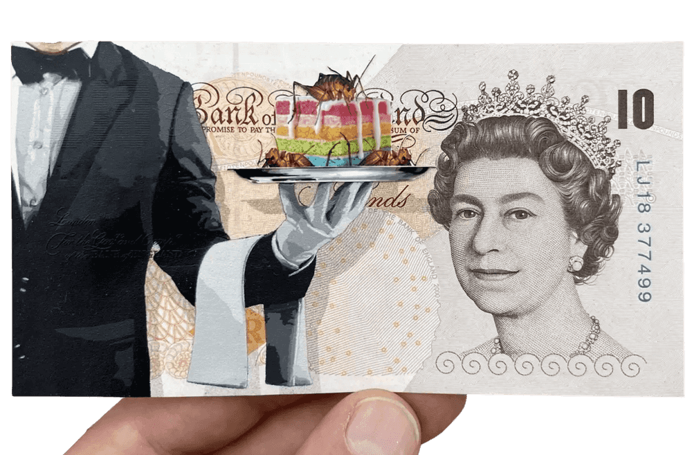 Penny, ‘Let Them Eat - Cake’, 2022, Print, 17 layer hand cut stencil, spray paint on genuine 10 Pound banknote, C-Type semi gloss printed detail, Self-released, Dated