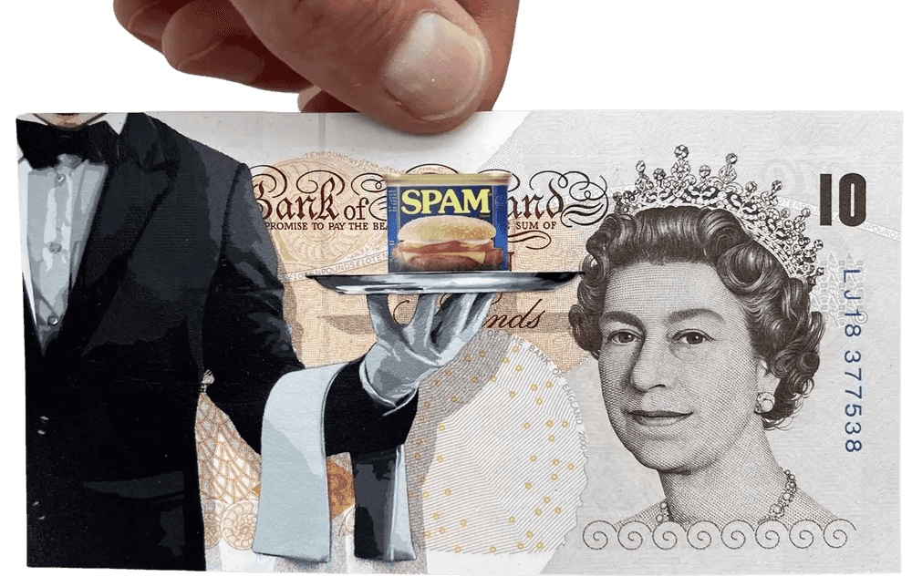 Penny, ‘Let Them Eat - Spam’, 2022, Print, 17 layer hand cut stencil, spray paint on genuine 10 Pound banknote, C-Type semi gloss printed detail, Self-released, Dated