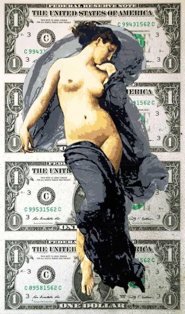 Penny, ‘Maia Autumnus’, 10-10-2012, Print, 14 layer hand cut stencil; Spray paint on 4 genuine uncut $1 bills, Rook & Raven, Dated, Handfinished