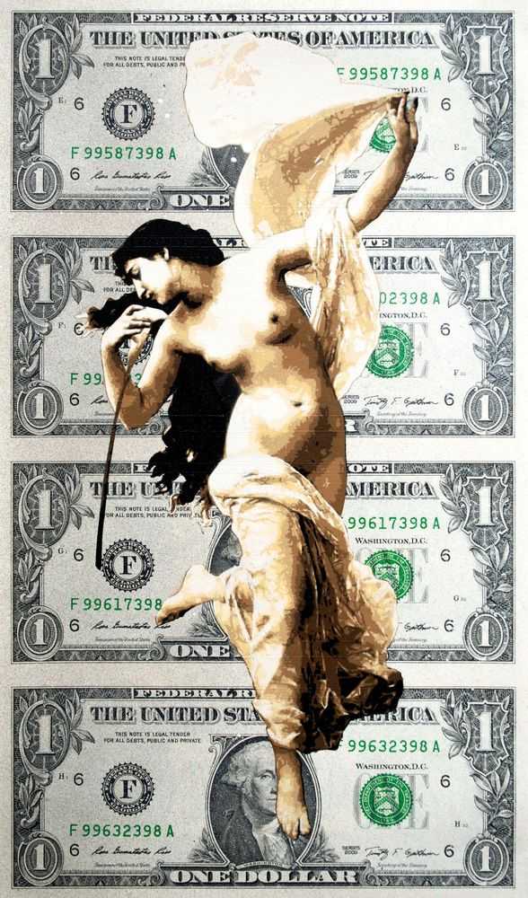 Penny, ‘Maia in Spring’, 17-05-2012, Print, 10 Layer Hand-Cut Stencil; Spraypaint on 4 uncut $1 bills, Rook & Raven, Dated, Handfinished