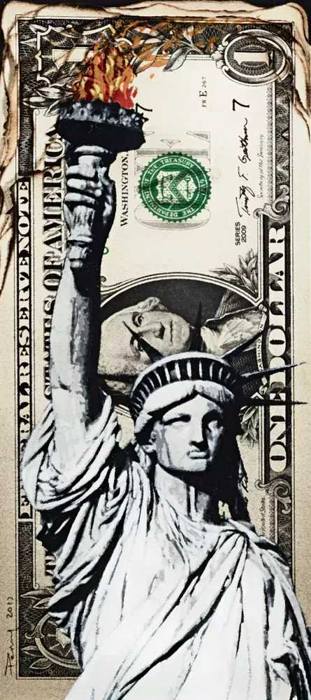 Penny, ‘Money To Burn’, 28-09-2013, Print, 13 layer hand cut stencil; Spray paint on charred stack of 10 x 1$ bills, Self-released, Dated, Handfinished