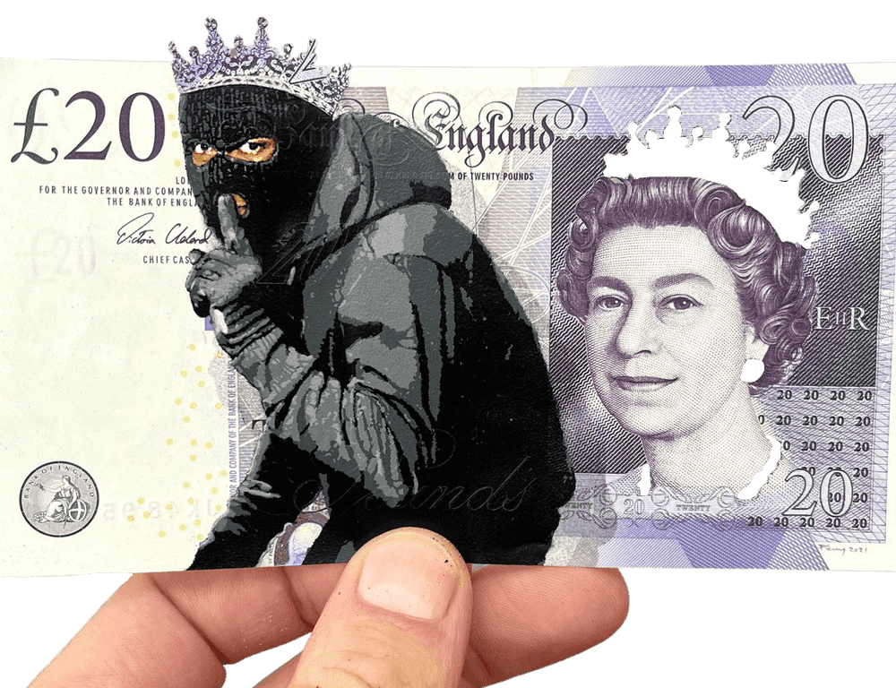 Penny, ‘Power Grab (Twenty)’, 2020, Print, 17 layer hand cut stencil; Spray paint on Twenty Pound banknote, Self-released, Handfinished