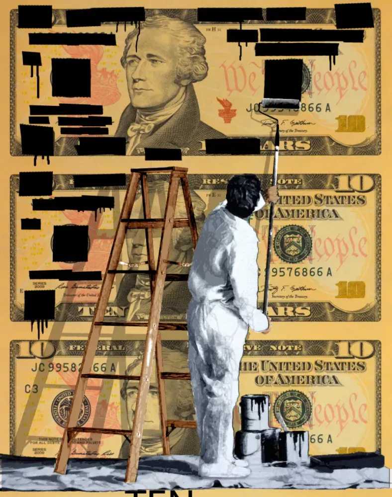 Penny, ‘Redacted $10’, 12-10-2016, Print, Spray Paint Over 21 Layer Hand Cut Stencil on Un-cut Sheet of Bills, Self-released, Dated, Handfinished