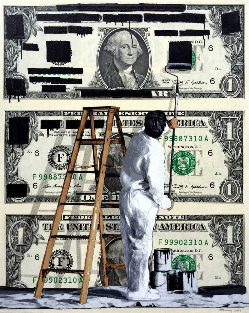 Penny, ‘Redacted’, 03-12-2015, Print, 21 layer hand cut stencil; Spray paint on uncut sheet of 3 x $1 bills, Self-released, Dated, Handfinished