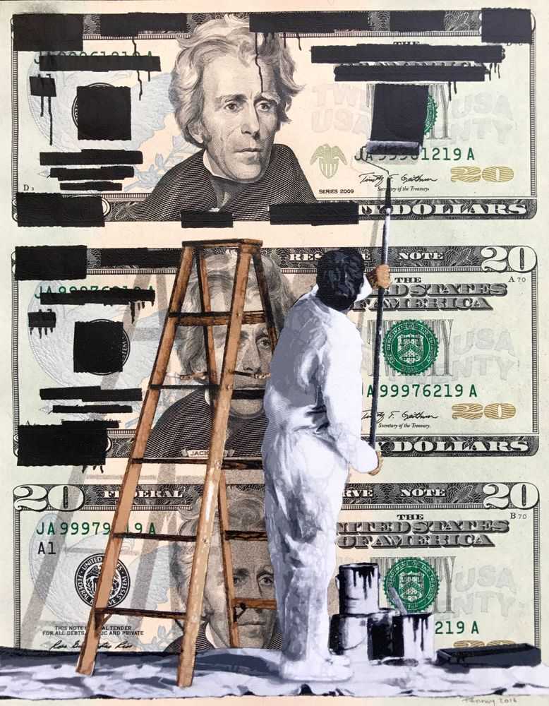 Penny, ‘Redacted $20’, 12-10-2016, Print, Spray Paint Over 21 Layer Hand Cut Stencil on Un-cut Sheet of Bills, Self-released, Dated, Handfinished