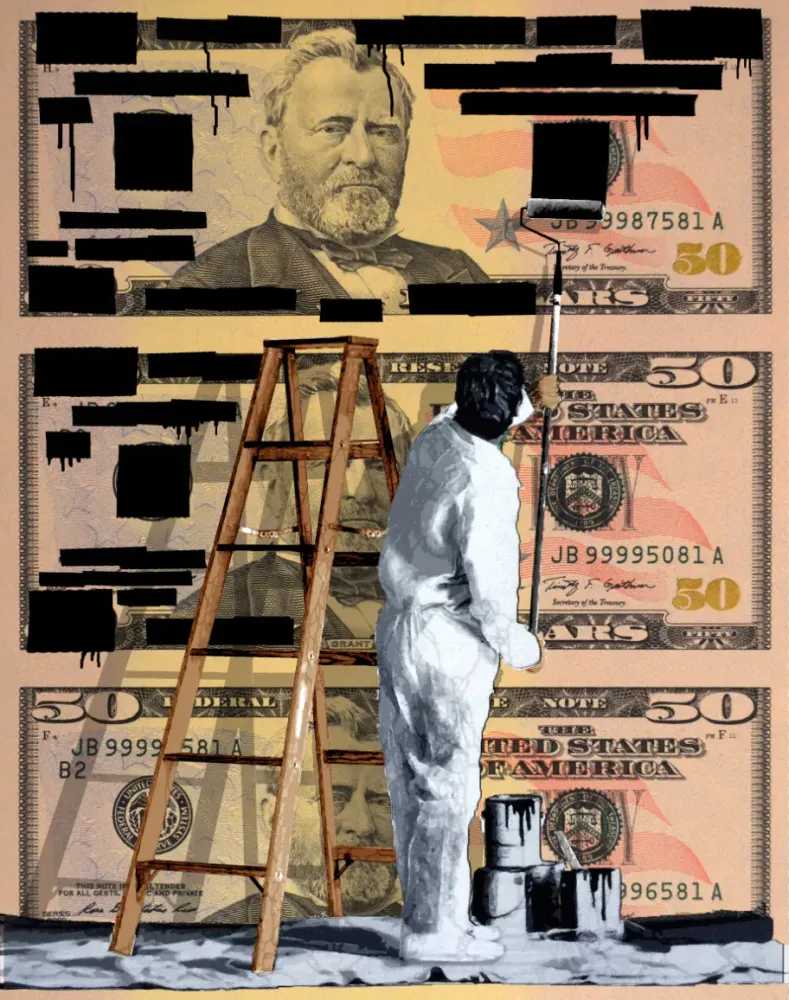 Penny, ‘Redacted $50’, 12-10-2016, Print, Spray Paint Over 21 Layer Hand Cut Stencil on Un-cut Sheet of Bills, Self-released, Dated, Handfinished