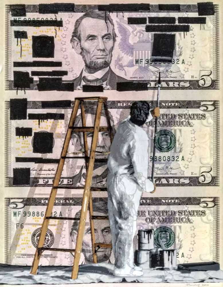 Penny, ‘Redacted $5’, 12-10-2016, Print, Spray Paint Over 21 Layer Hand Cut Stencil on Un-cut Sheet of Bills, Self-released, Dated, Handfinished