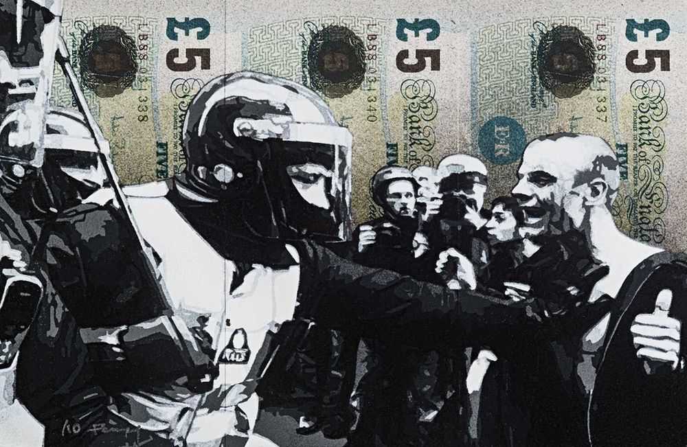 Penny, ‘Riot’, 01-01-1970, Print, Spray-paint and stencil composition applied across three £5 banknotes fitted together, null, Numbered