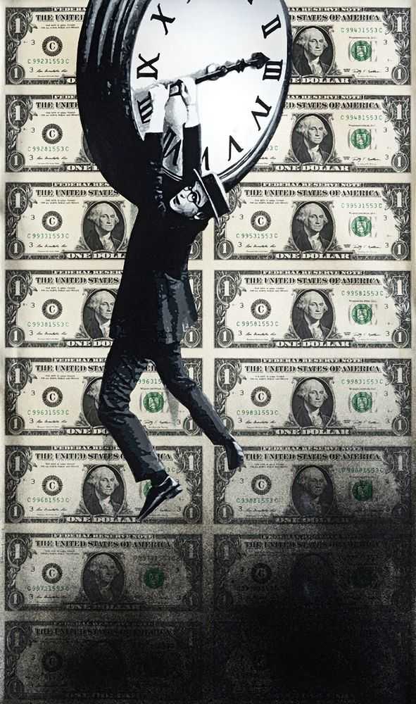 Penny, ‘Time Is Money (Large)’, 17-05-2012, Print, 10 Layer Hand-Cut Stencil; Spraypaint on 16 uncut $1 bills, Rook & Raven, Dated, Handfinished