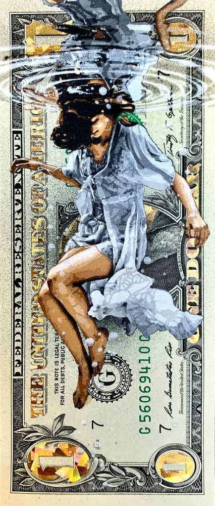Penny, ‘Underwater’, 2022, Print, 21 layer hand-cut stencil; Spray paint on genuine one Dollar bill with holographic gold embellishments, Self-released, Handfinished