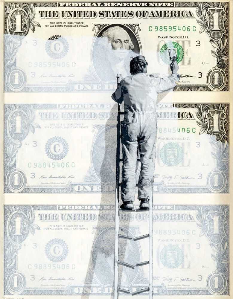 Penny, ‘Whitewash’, 03-12-2015, Print, 13 layer hand cut stencil; Spray paint on uncut sheet of 3 x $1 bills, Self-released, Dated, Handfinished