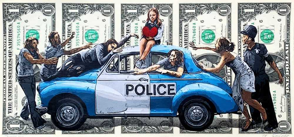 Penny, ‘Zombies (Dollars)’, 09-07-2019, Print, 30 layer hand cut stencil; Spray paint on sheet of 5 uncut dollar bills, Self-released, Dated, Handfinished