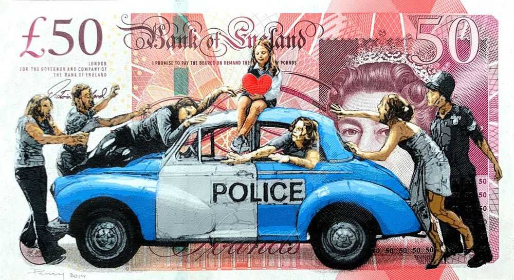 Penny, ‘Zombies (Fifty Pounds)’, 09-07-2019, Print, 34 layer hand cut stencil; Spray paint on Ten Pound note, Self-released, Dated, Handfinished