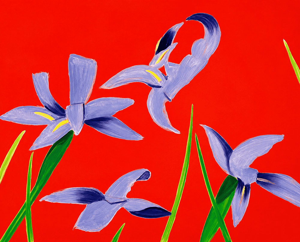 Alex Katz, ‘Purple Irises on Red’, 2023, Print, Archival Pigment Print on Innova Etching Cotton Rag 315 gsm paper, null, Numbered