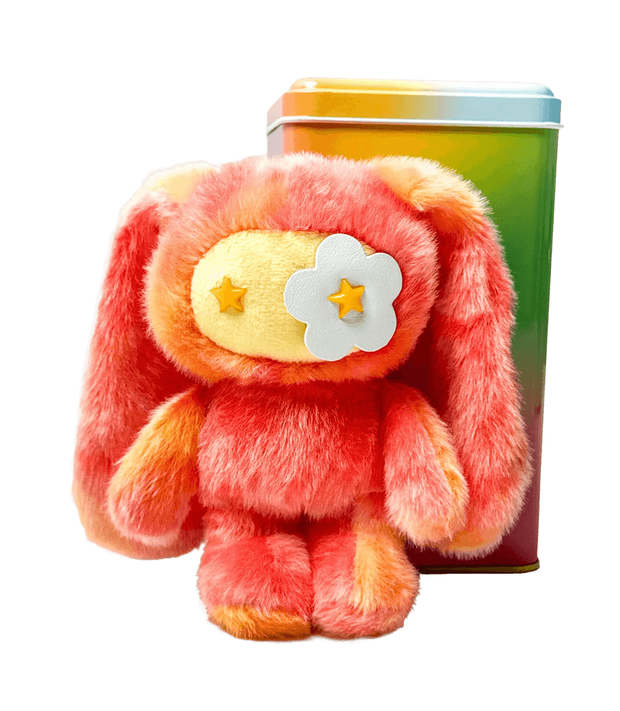 CJ Hendry, ‘Rainbow JUJU - Kenny’, 2026, Sculpture, Various plush Materials, Leather flower eye, Polyester filling, Metal clasp. Metal rainbow tin and fold out "map" poster + stickers. , null, 