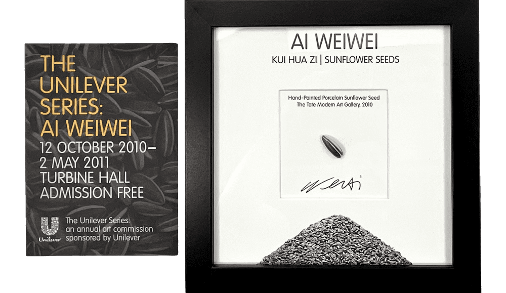 Ai Weiwei, ‘Porcelain Sunflower Seed From 2010 Exhibit (Framed)’, 2010, Collectible, Hand-painted porcelain sunflower seed from the artist's infamous exhibit. Comes mounted on hardwood frame with plated signature. Includes show flyer., null, Framed