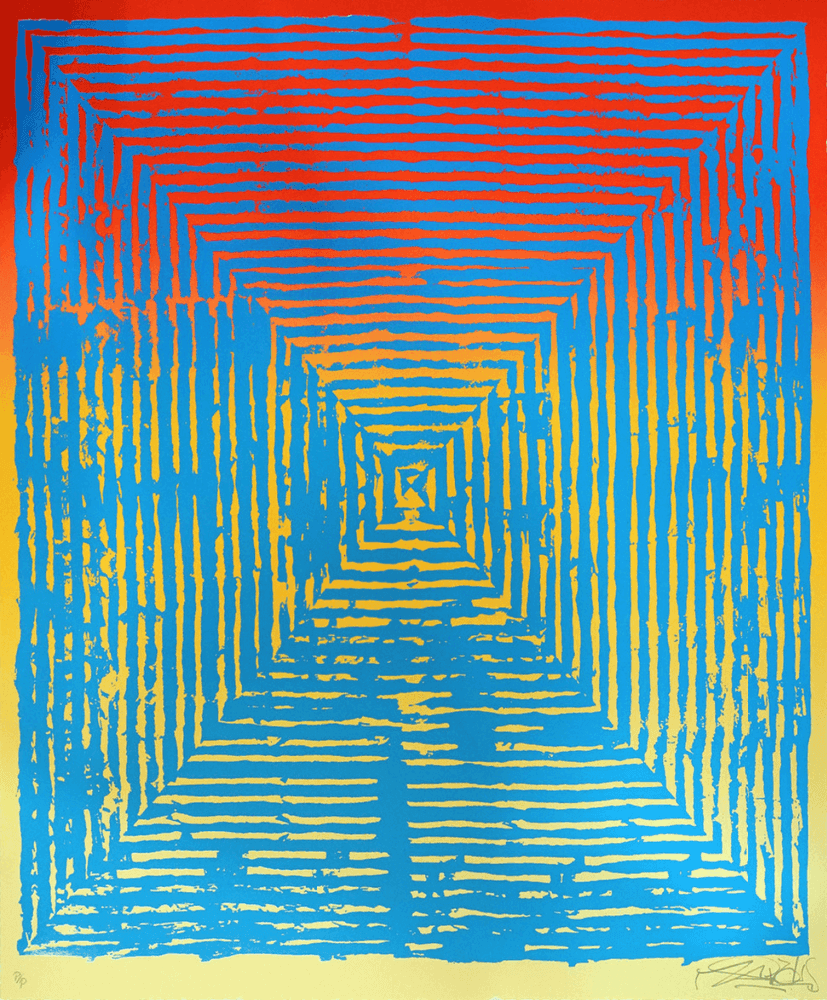 Revok, ‘Loop_Org_paleCyan_2a’, 16-04-2020, Print, 3-colour, serigraph with fluorescent split fountain on 160lb Mohawk Superfine Ultra white Cover with UltraGloss Spot UV, Louis Buhl & Co, Numbered