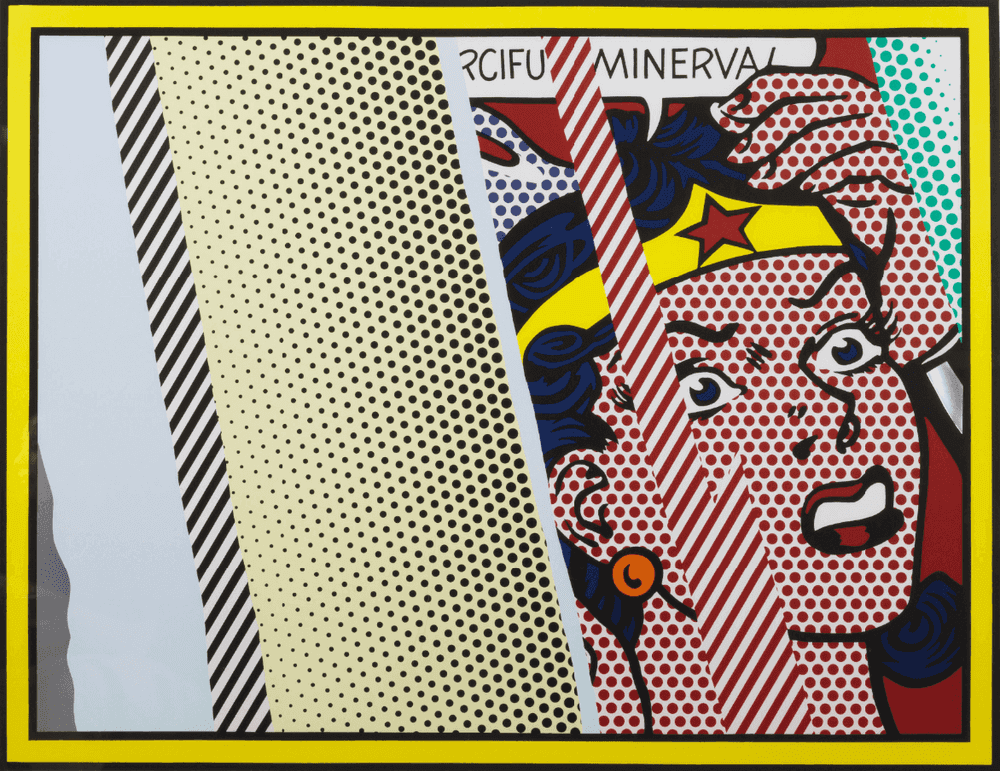 Roy Lichtenstein, ‘Reflections of Minerva’, 1990, Print, Lithograph, screenprint, relief print in colors with metalized PVC collage and embossing on mold-made Somerset paper, Tyler Graphics Ltd., Numbered, Dated