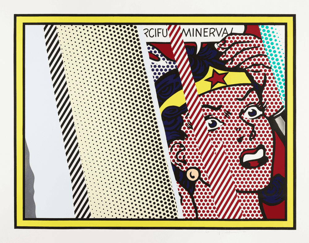 Roy Lichtenstein, ‘Reflections on Minerva’, 1990, Print, Color lithograph, screenprint, relief and collage with metalized PVC collage with embossing on molded Somerset paper, Tyler Graphics Ltd., Numbered, Dated