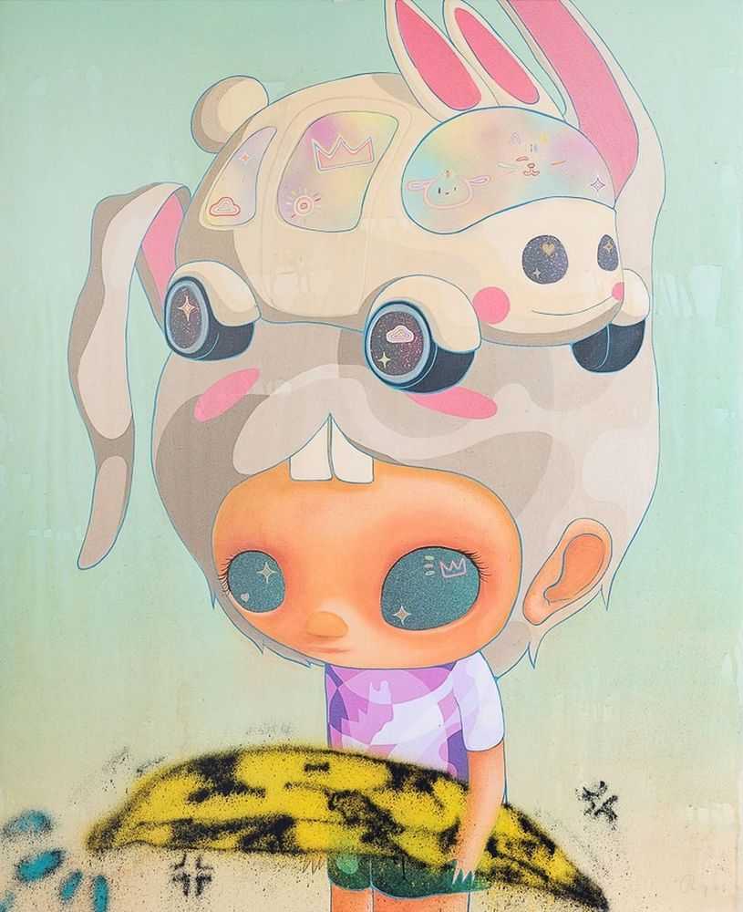 Ryol (Laksamana Ryo), ‘Rabbit Car on the Head’, 16-05-2022, Print, Pigment print with silkscreen detail layers including glow-in-the-dark ink and ‘sugarcoat’ glitter, printed on 310gsm Hahnemuhle Photorag paper and individually hand-finished using spray paint, Avant Arte, Numbered, Handfinished