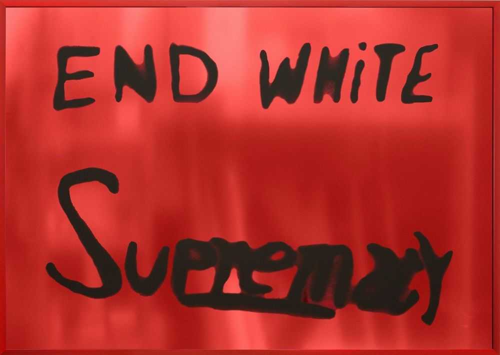 Sam Durant, ‘End White Supremacy (Mirrored - Red)’, 2021, Print, 1-color hand-pulled screen print on amber mirrored plexiglass, Louis Buhl & Co, Framed