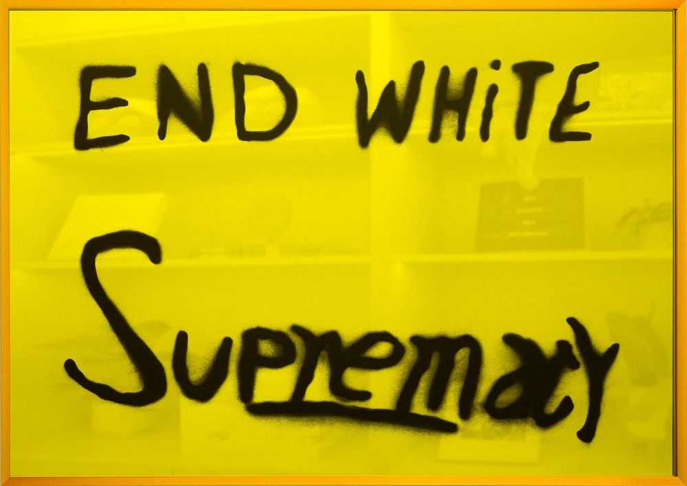 Sam Durant, ‘End White Supremacy (Mirrored - Yellow)’, 2021, Print, 1-color hand-pulled screen print on amber mirrored plexiglass, Louis Buhl & Co, Framed