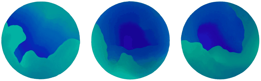 Sam Friedman, ‘Three Caves (Blue / Green)’, 16-12-2021, Print, Set of three: two 8-colour; one 9-colour, Hand-Pulled screenprints on Mohawk Superfine UltraWhite, 160 lb cover, Louis Buhl & Co, Numbered