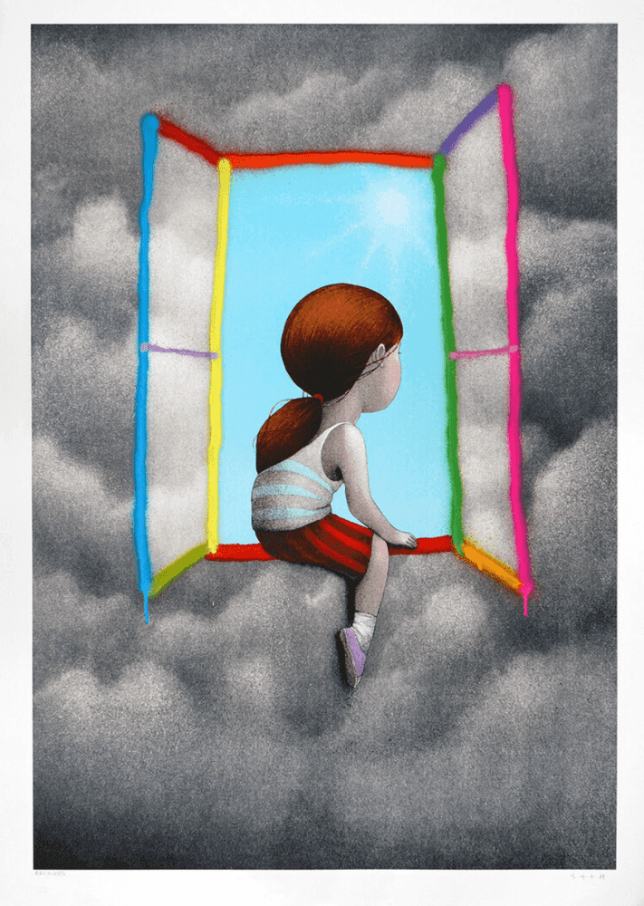 Seth Globepainter, ‘At The Window’, 12-06-2020, Print, Lithograph composed of five colours and is printed with a Marinoni press on excellent quality hand-cut white Velin BFK Rives 270g paper enhanced and hand-painted using eleven different spray can colours, Self-released, Numbered, Handfinished
