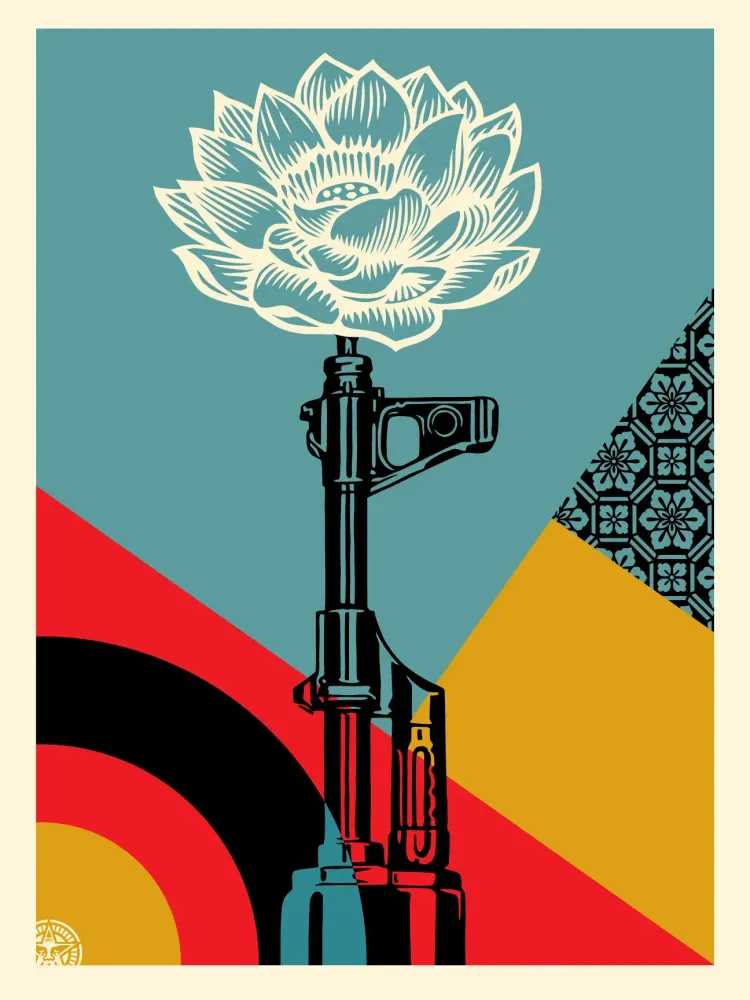 Shepard Fairey (Obey), ‘AK 47 Lotus’, 2021, Print, Screenprint in colours on speckled paper, Self-released, Numbered, Dated