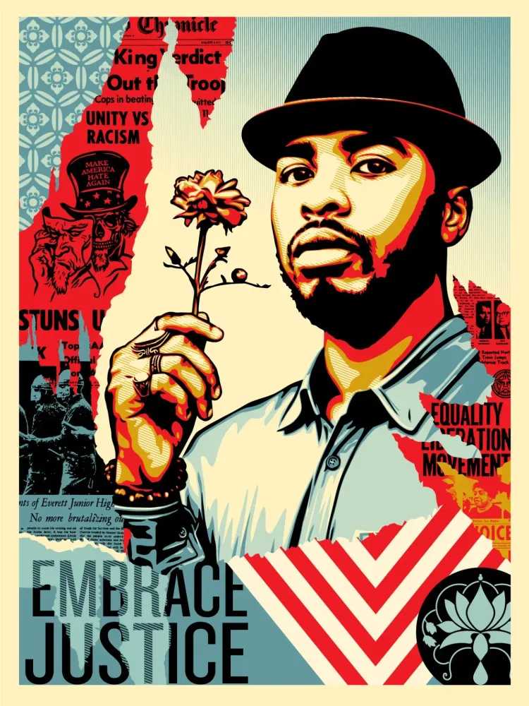 Shepard Fairey (Obey), ‘Embrace Justice’, 2017, Print, Screenprint in colours on speckled paper, Self-released, Numbered, Dated