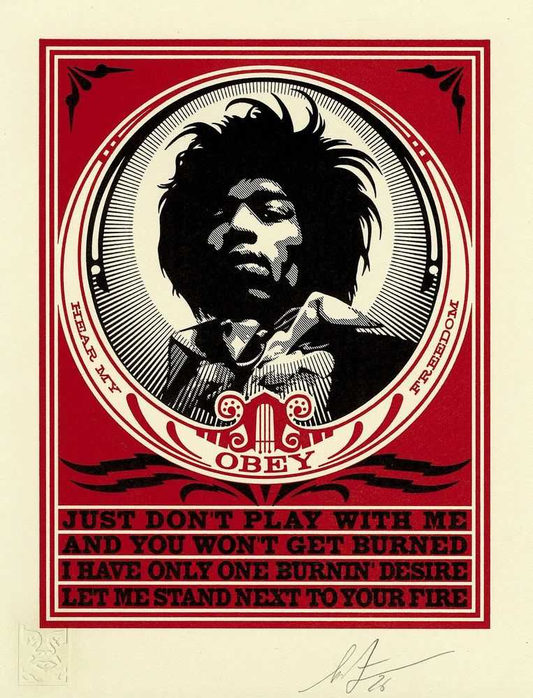 Shepard Fairey (Obey), ‘Hendrix Fire Letterpress’, 2026, Print, etterpress on cream cotton paper with hand-deckled edges., Obey Giant, Numbered