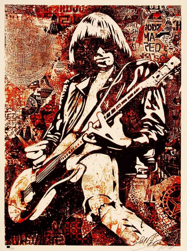 Shepard Fairey (Obey), ‘Johnny Ramone (Black & Red)’, 2008, Print, Screenprint in colours on speckled paper, Self-released, Numbered, Dated