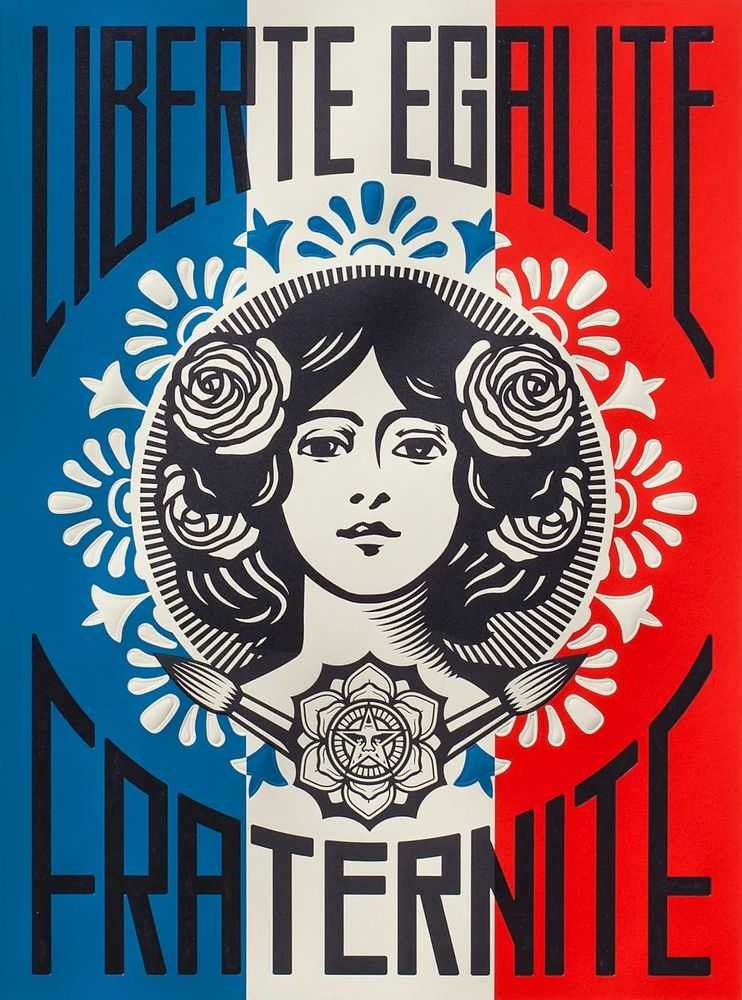 Shepard Fairey (Obey), ‘Liberté, Égalité, Fraternité’, 2016, Print, Screenprint in colours on speckled paper, Self-released, Numbered, Dated