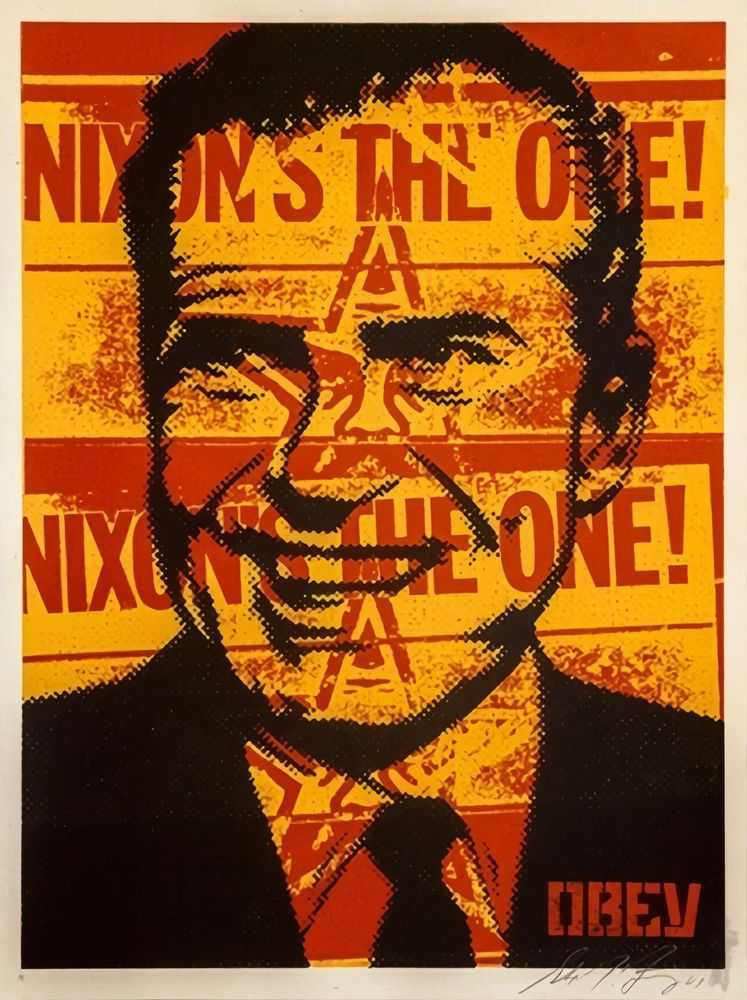 Shepard Fairey (Obey), ‘Nixon Poster’, 2001, Print, Screenprint in colours on speckled paper, Self-released, Numbered, Dated