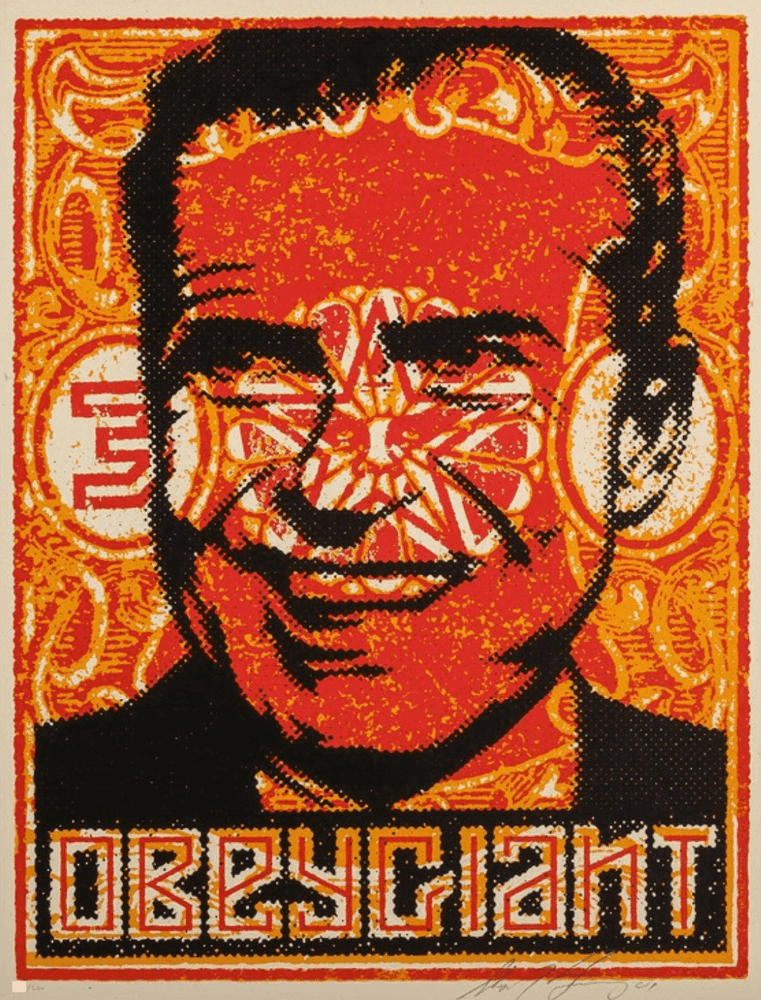 Shepard Fairey (Obey), ‘Nixon Stamp Poster’, 2001, Print, Screenprint in colours on speckled paper, Self-released, Numbered, Dated