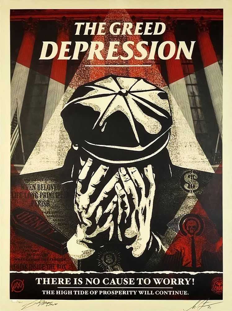 Shepard Fairey (Obey), ‘The Greed Depression’, 2020, Print, Screenprint in colours on speckled paper, Self-released, Numbered, Dated