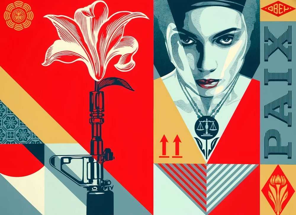Shepard Fairey (Obey), ‘Paix Et Justice Mural’, 11-06-2022, Print, Screenprint on thick cream Speckletone paper, Self-released, Numbered, Dated