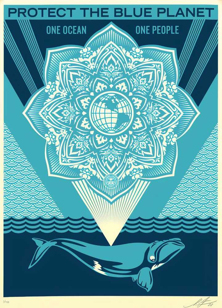 Shepard Fairey (Obey), ‘Protect The Blue Planet’, 16-04-2022, Print, Two-color screenprint on thick cream speckle tone paper, PangeaSeed, Numbered, Dated