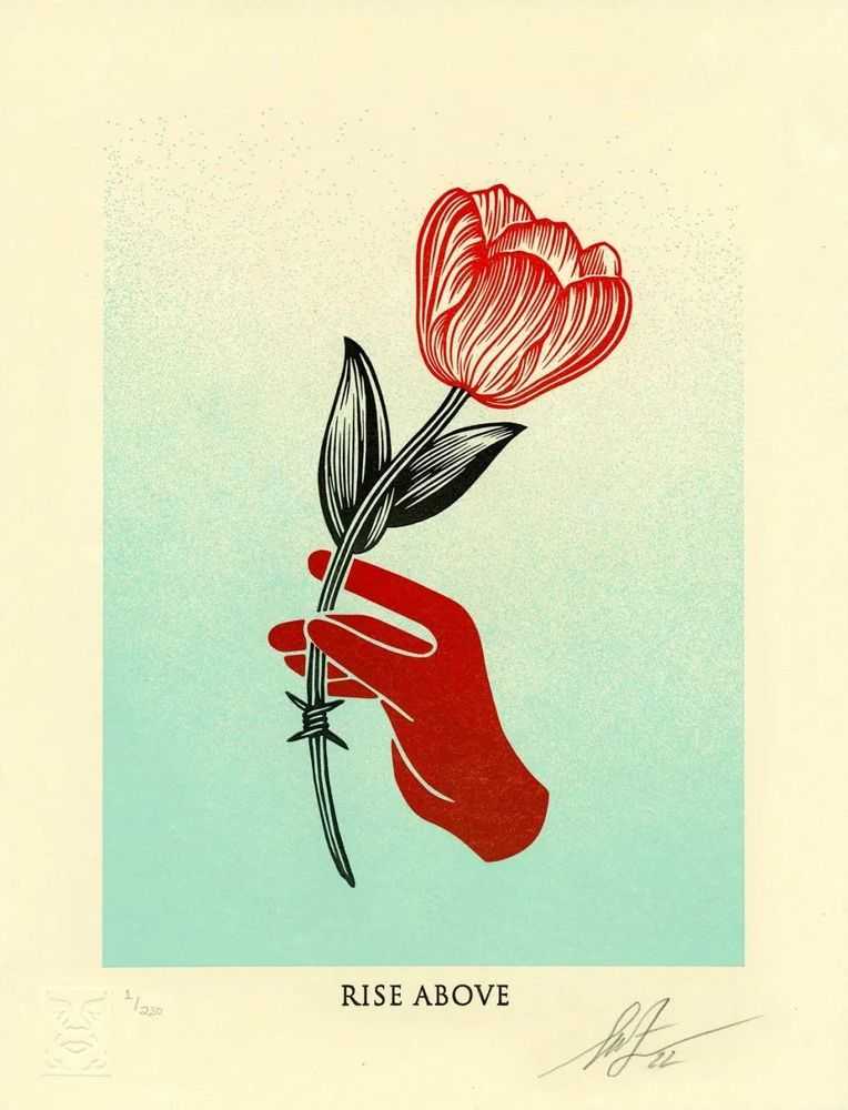 Shepard Fairey (Obey), ‘Rise Above Barbwire (Blue)’, 30-06-2022, Print, Letterpress on cream cotton paper with hand deckled edge, Self-released, Numbered, Dated